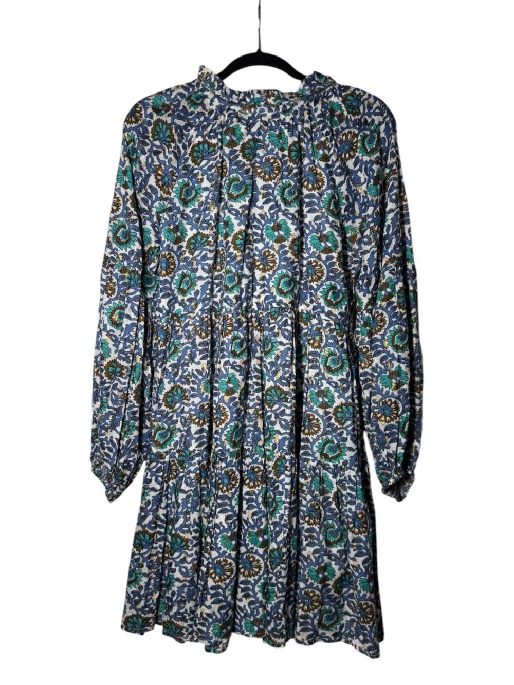 Oliphant Balloon Sleeve Mini Dress Napa Blue Gold Green Size Large Tassels - Picture 2 of 10